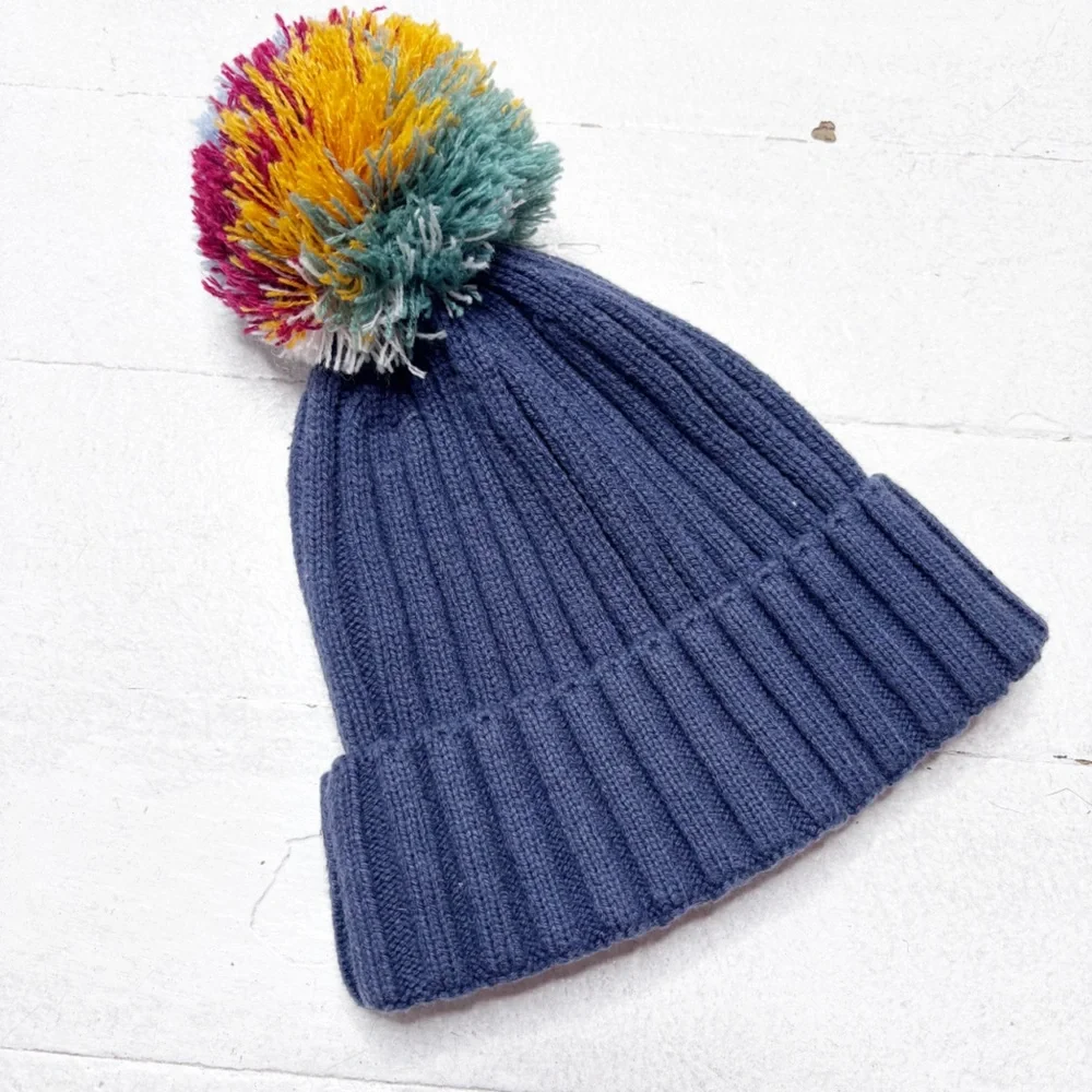 Hanna Andersson Blue Knit Pom Pom Beanie Size Small EUC